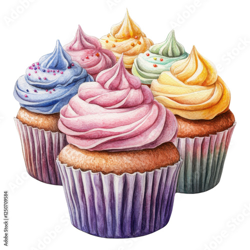 A colorful arrangement of frosted cupcakes topped with various pastel-colored icing swirls and decorative sprinkles.