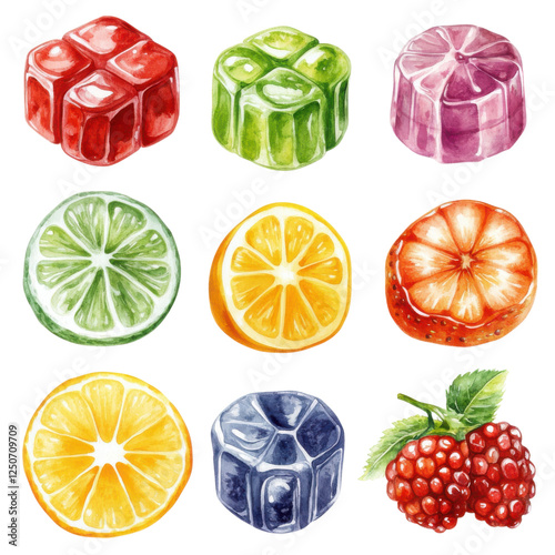Colorful gelatin desserts and fresh fruit slices arranged in a grid pattern, showcasing various vibrant colors and textures.