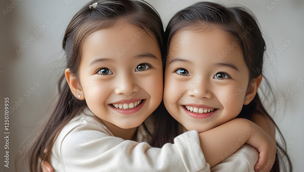 A heartwarming portrait of a brother and sister, aged around 6-8, standing side by side and beaming with joy, set against a soft, creamy white background that provides ample empty space for overlaying A heartwarming portrait of a brother and sister, aged around 6-8, standing side by side and beaming with joy, set against a soft, creamy white background that provides ample empty space for overlaying