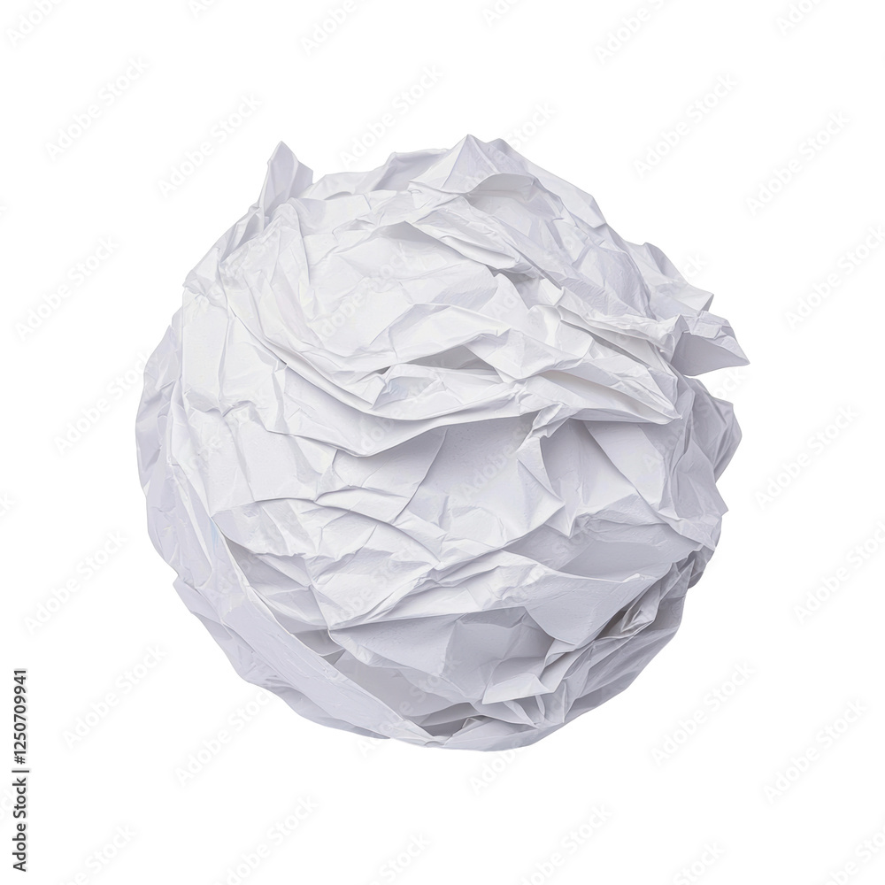 Fototapeta premium Crumpled white paper ball with detailed texture and random folds, emphasizing wrinkles and creases in a spherical shape. Isolated on transparent background, png.