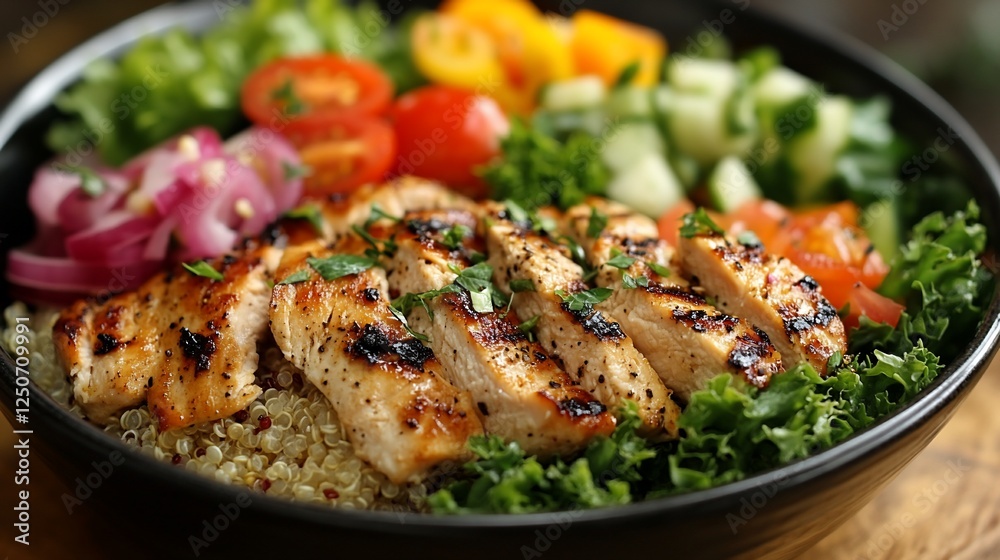 Grilled chicken and quinoa bowl with fresh vegetables. Grilled chicken and quinoa bowl with fresh vegetables.