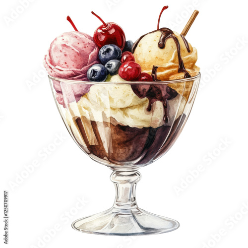 A vibrant ice cream sundae in a glass dish, featuring scoops of pink, white, and brown ice cream topped with cherries and blueberries.