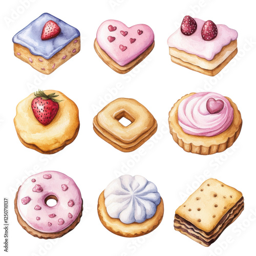 A colorful assortment of decorative pastries, each featuring unique designs and toppings, perfect for celebrations or sweet treats.