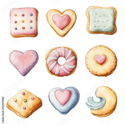 Colorful decorated cookies arranged in a grid, featuring various shapes like hearts, circles, and squares.