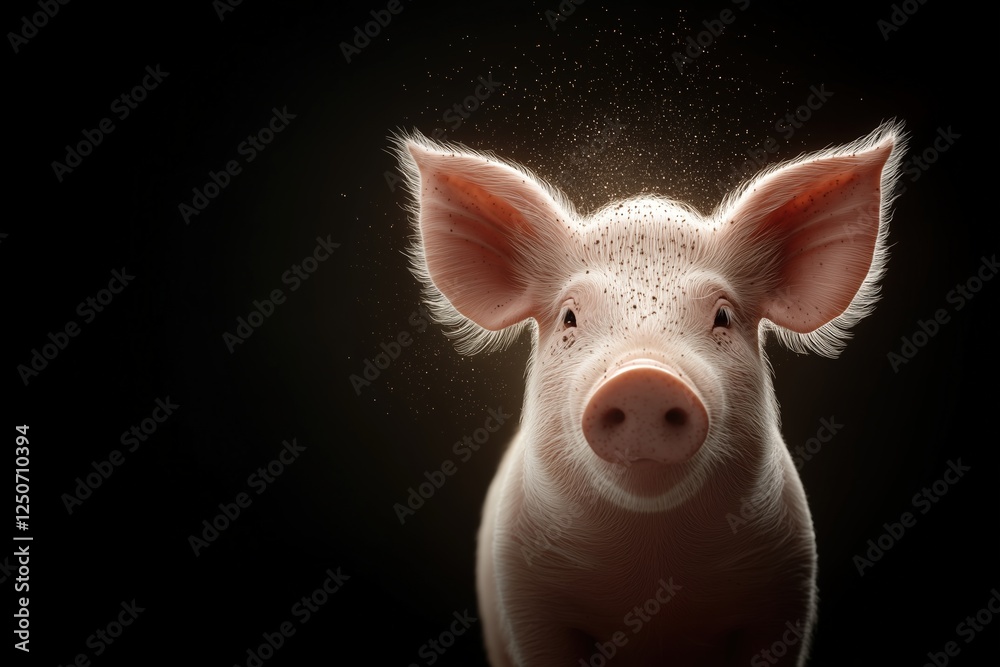 Fototapeta premium Portrait of a piglet with fine detail and dust particles illuminated against a black background. Farm animal photography for rural lifestyle concepts