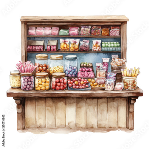 A colorful display of jars and packages filled with various candies and snacks on a wooden shelf.