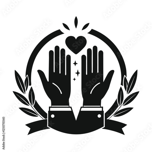 
A symmetrical emblem featuring a pair of hands raised in prayer, encircled by a laurel wreath adorned with leaves and decorative elements
