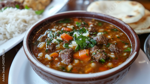 Armenian cuisine menu cover template. Beef soup with dried apricots Yajni, rice Pilaf and lentil Mshosh, lamb soup Bozbash, vegetable salad and chicken stuffed with rice, red bean and lamb yogurt soup photo