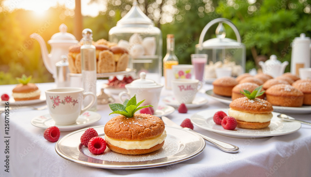 Elegant tea party setup with raspberry financiers, summer indulgence Elegant tea party setup with raspberry financiers, summer indulgence