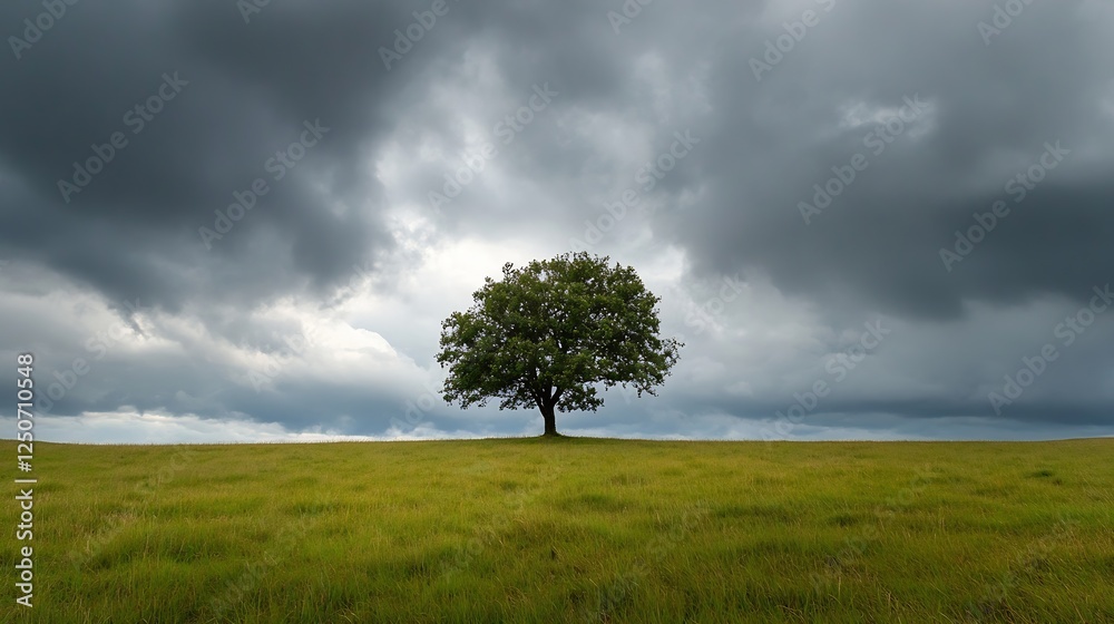 Solitary tree standing proudly on a hill under a dramatic sky with dark clouds and vibrant grass : Generative AI Solitary tree standing proudly on a hill under a dramatic sky with dark clouds and vibrant grass : Generative AI