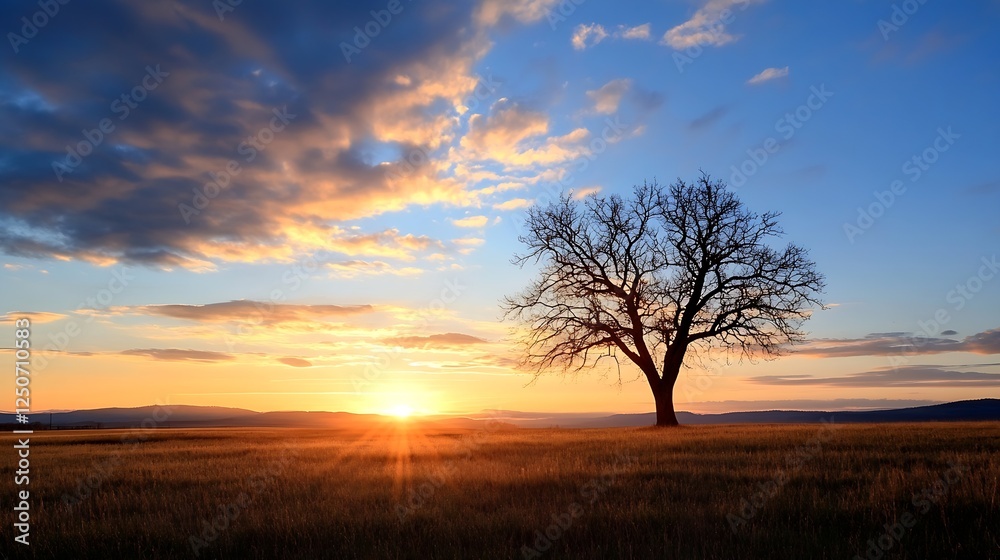 Solitary tree standing in a golden field during sunset with vibrant clouds and a serene landscape in view : Generative AI Solitary tree standing in a golden field during sunset with vibrant clouds and a serene landscape in view : Generative AI