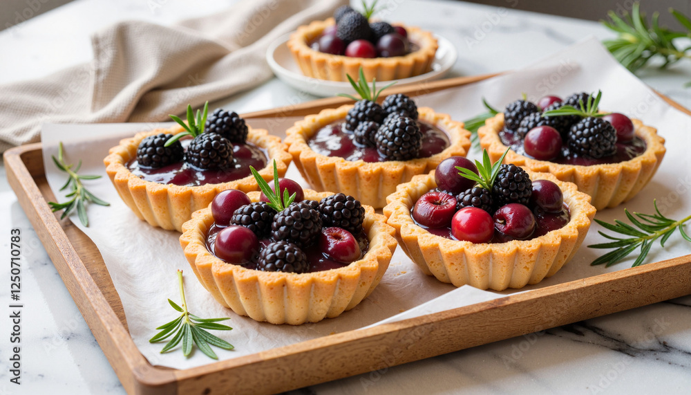 Blackberry tarts beautifully arranged on wooden tray, summer desserts Blackberry tarts beautifully arranged on wooden tray, summer desserts