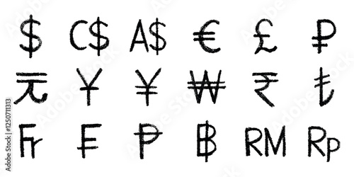 Hand drawn currency symbol set Dollar euro pound ruble yuan yen won rupee lira franc peseta baht ringgit rupiah
