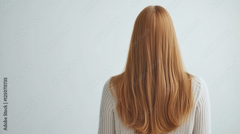 Naklejka premium Beautiful model girl with Blond hair strand,silky healthy wavy hair strand,hair wavy ribbon, with smooth,Keratin straightening,Treatment,straight long hair,procedures,Smooth hairstyle.