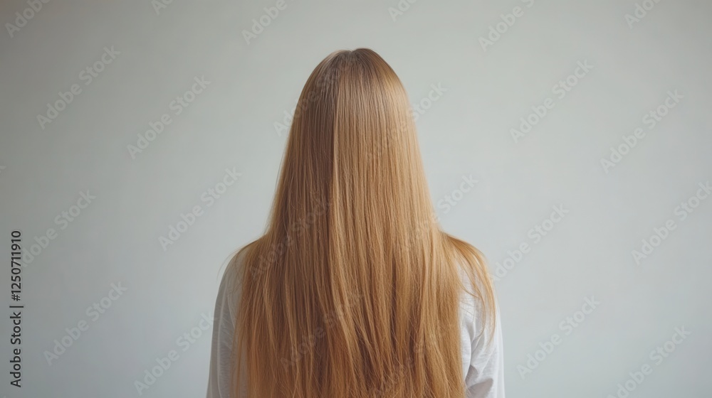 Naklejka premium Beautiful model girl with Blond hair strand,silky healthy wavy hair strand,hair wavy ribbon, with smooth,Keratin straightening,Treatment,straight long hair,procedures,Smooth hairstyle.