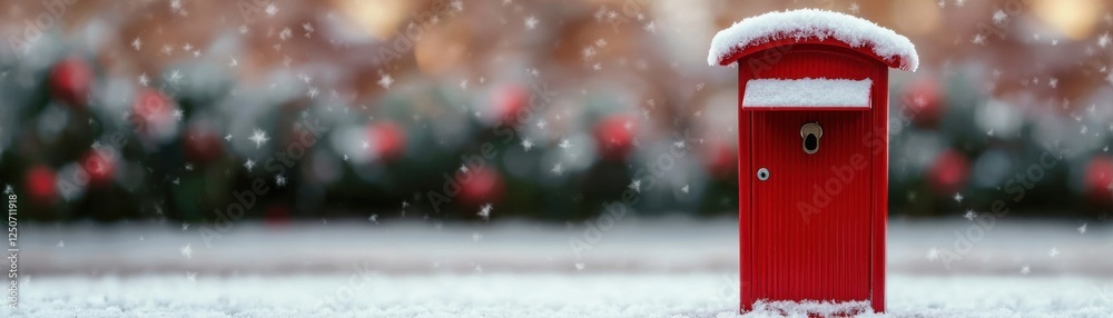 Festive red mailbox amidst snowy landscape winter wonderland outdoor scene photography serene atmosphere