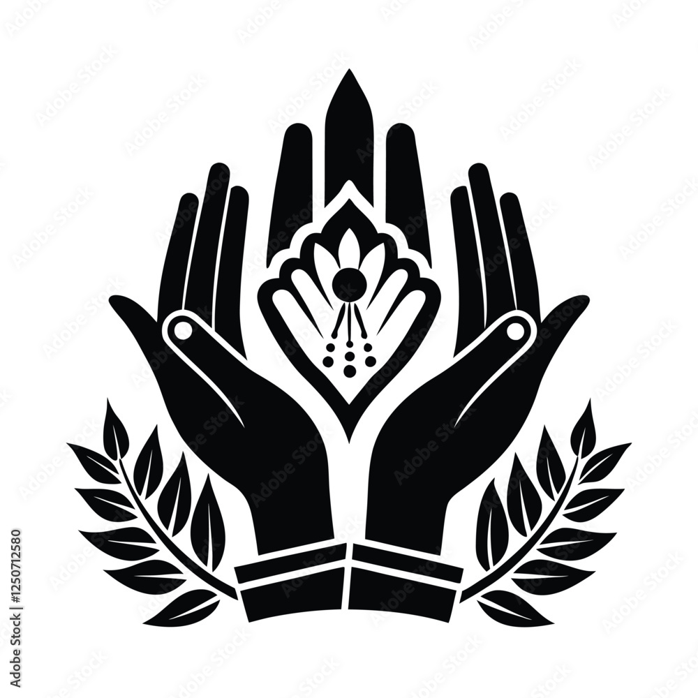 A symmetrical emblem featuring a pair of hands raised in prayer, encircled by a laurel wreath adorned with leaves and decorative elements
A symmetrical emblem featuring a pair of hands raised in prayer, encircled by a laurel wreath adorned with leaves and decorative elements
