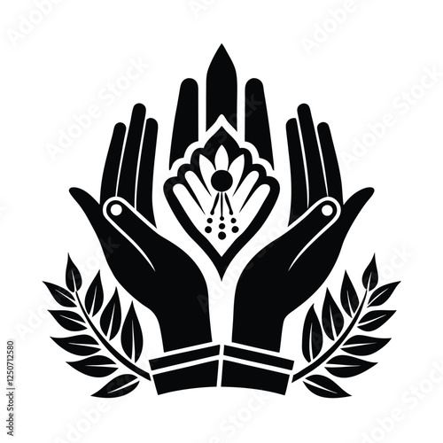 
A symmetrical emblem featuring a pair of hands raised in prayer, encircled by a laurel wreath adorned with leaves and decorative elements