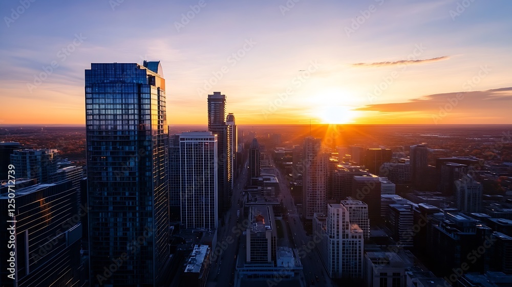Fototapeta premium Stunning Sunset Over a Modern City Skyline Showcasing Urban Architecture and Natural Beauty : Generative AI