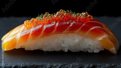 Close up salmon sushi piece on dark slate.  Possible use food photography for restaurant menu photo