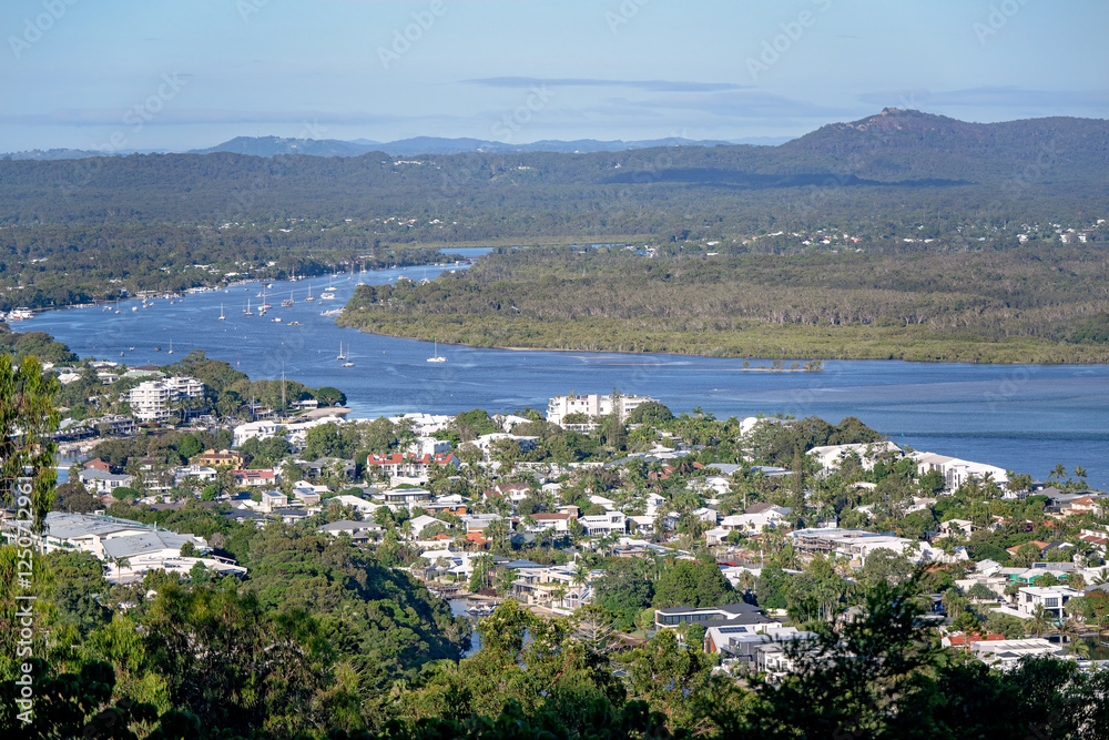 Fototapeta premium noosa river from laguna lookout, scenic view, travel tourism sightsee, Queensland Australia, tropical summer holiday vacation destination