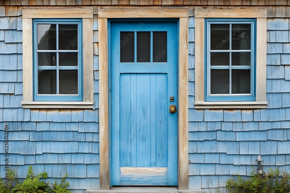 A blue wooden door with two matching windows, set against a shingled wall in a cozy, charming exterior. Concept Blue Wooden Door, Matching Windows, Shingled Wall, Cozy Exterior, Charming Aesthetic A blue wooden door with two matching windows, set against a shingled wall in a cozy, charming exterior. Concept Blue Wooden Door, Matching Windows, Shingled Wall, Cozy Exterior, Charming Aesthetic