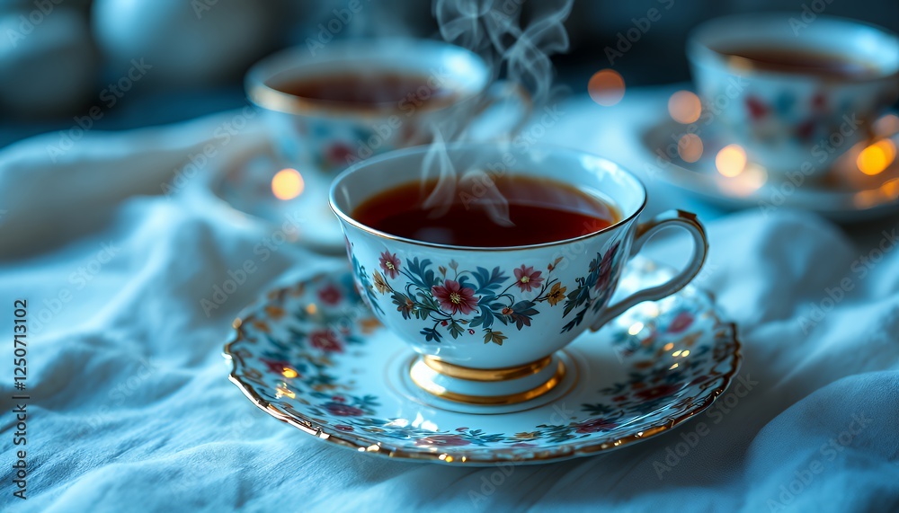Fototapeta premium Elegant Tea Service with Steaming Cups on White Linen Fabric