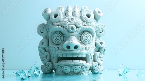 96. A serene representation of Tlaloc with glowing water motifs on a pale blue pastel backdrop photo