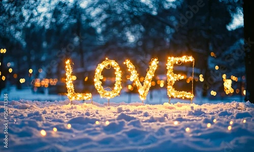 A Snowy Park with the Word Love Written in Lights