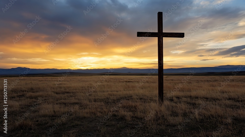 Breathtaking sunset view over a vast open field with a wooden cross silhouetted against the vibrant sky : Generative AI Breathtaking sunset view over a vast open field with a wooden cross silhouetted against the vibrant sky : Generative AI