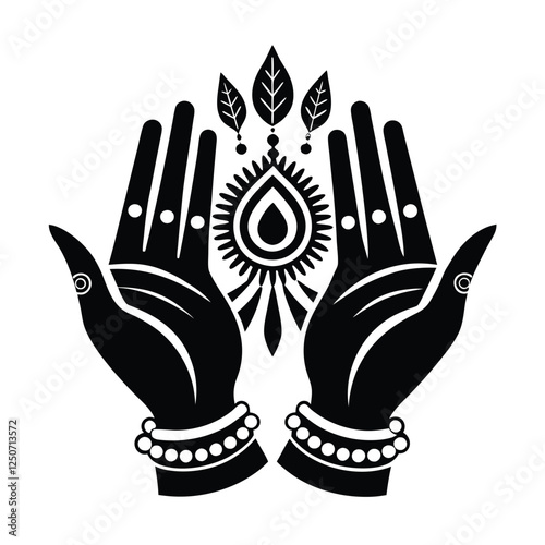
A symmetrical emblem featuring a pair of hands raised in prayer, encircled by a laurel wreath adorned with leaves and decorative elements