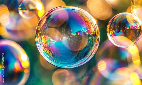 Soap Bubbles Floating with Rainbow Colors in the Sunlight