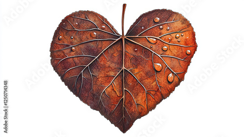 Heart shaped sappy leaf with pointed tip, deep notch at the base and detailed veins with water drops in upper corner isolated on white background, sketch style photo