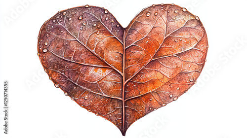 Heart shaped sappy leaf with pointed tip, deep notch at the base and detailed veins with water drops in upper corner isolated on white background, sketch style