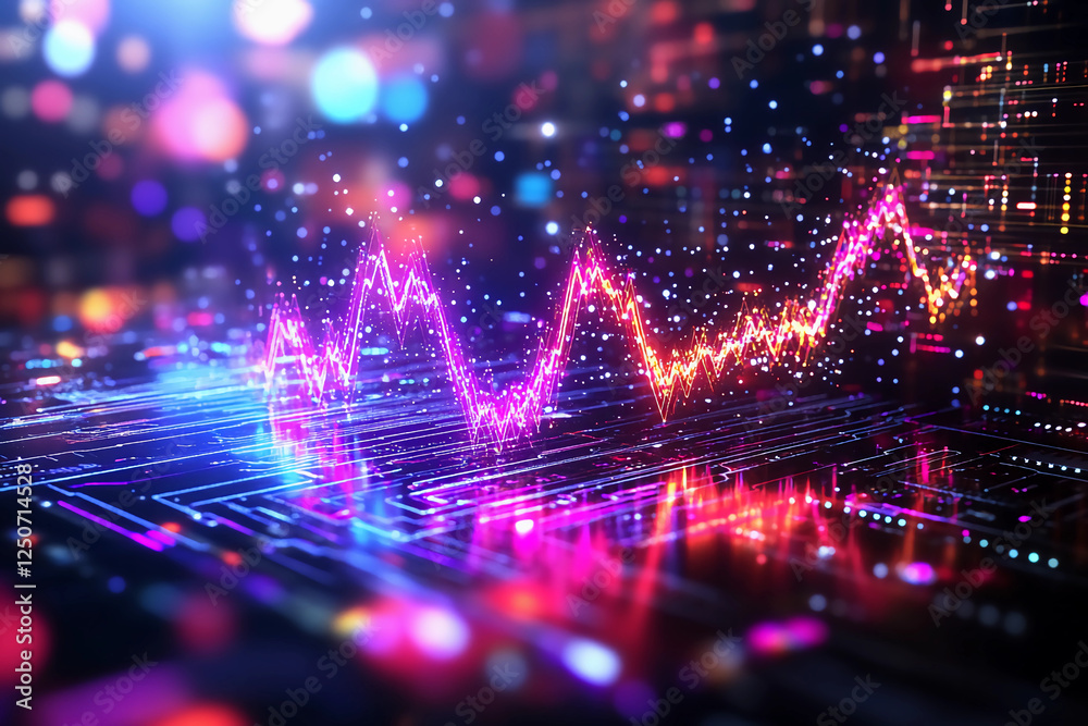 Fototapeta premium High-Tech Waveform Display with Metallic Colors Pulsing Over Circuit Board Background in 2D and 3D Layers for Futuristic and Technological Visuals