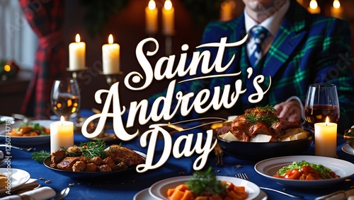 Celebrating Saint Andrews Day with traditional Scottish food and festive decorations at a beautifully set table in a cozy dining area