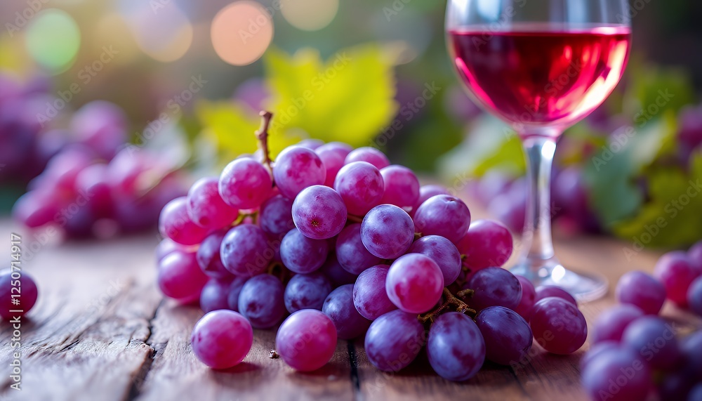Fresh Purple Grapes with Wine Glass on Rustic Wooden Table Fresh Purple Grapes with Wine Glass on Rustic Wooden Table