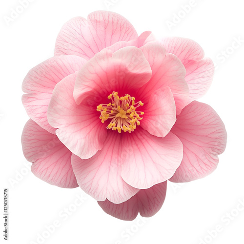 Delicate Pink Camellia Bloom Petals, Stamens, Black Background