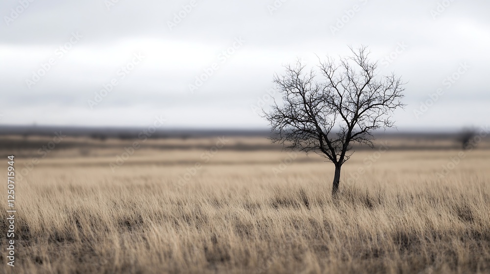 Solitary tree in vast field under cloudy sky representing a serene and lonely landscape : Generative AI Solitary tree in vast field under cloudy sky representing a serene and lonely landscape : Generative AI