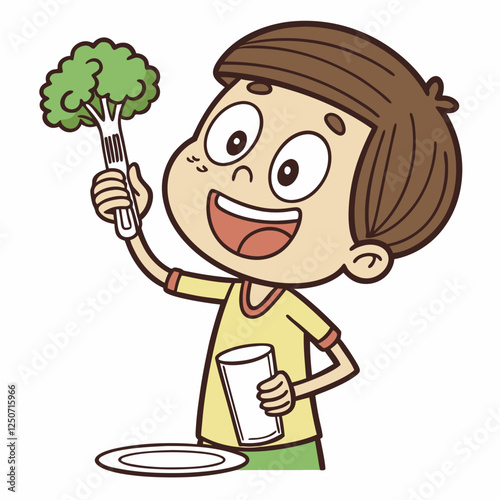 Cartoon boy cheerfully promotes healthy eating habits with broccoli