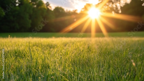 Wallpaper Mural Sunburst Through Green Grass Field with Rays of Light and Natural Setting : Generative AI Torontodigital.ca