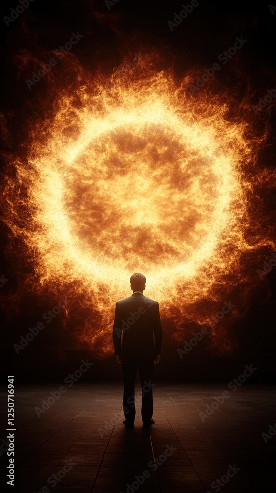 Fototapeta premium hell, fire, and demon concept. Mysterious figure against fiery backdrop