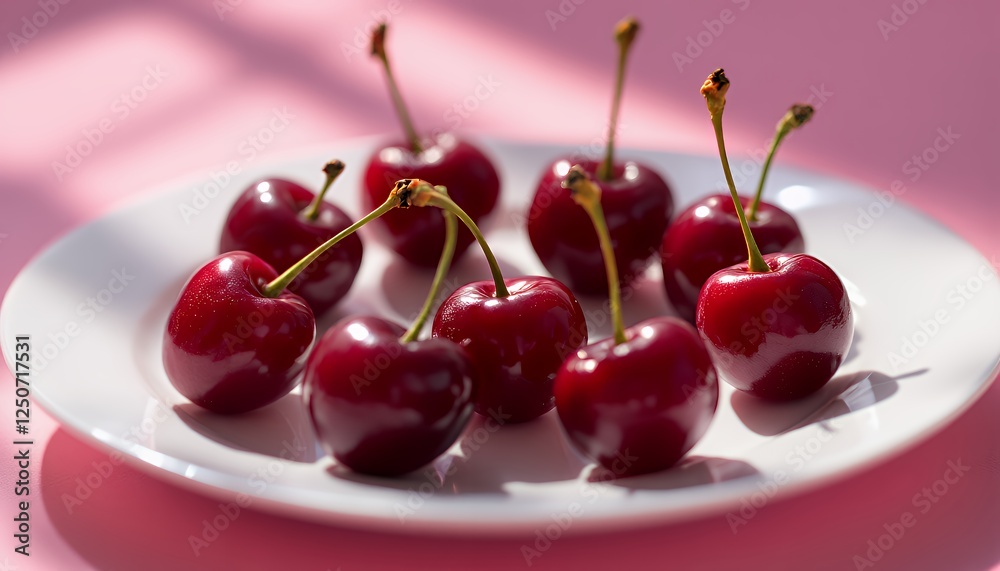 Fresh Red Cherries on White Plate with Pink Background Fresh Red Cherries on White Plate with Pink Background