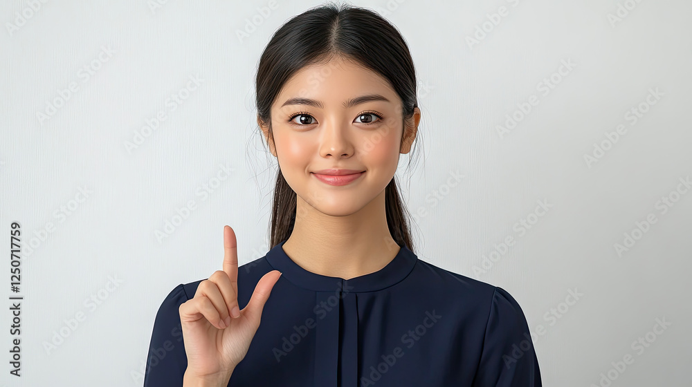 A photograph features an Asian woman with fair skin and long dark hair tied back, wearing a navy blue blouse with long sleeves. She stands against a plain white background, smiling warmly, and giving A photograph features an Asian woman with fair skin and long dark hair tied back, wearing a navy blue blouse with long sleeves. She stands against a plain white background, smiling warmly, and giving