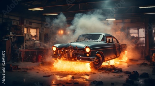 Dramatic scene of a car battery explosion erupting in a garage with bright flames billowing smoke and a chaotic destructive aftermath photo