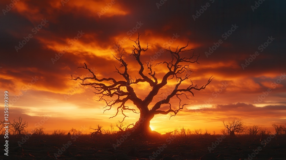 hell, fire, and demon concept. Silhouetted tree against a vibrant sunset hell, fire, and demon concept. Silhouetted tree against a vibrant sunset