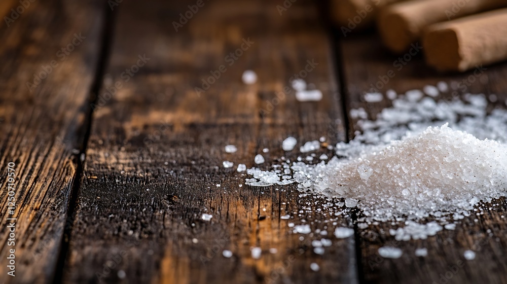 Fine Grain Sea Salt on Rustic Wooden Surface with Textured Background : Generative AI