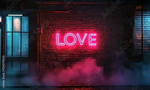 A Vibrant Neon Sign Displaying the Word Love Glowing Brightly with Smoke