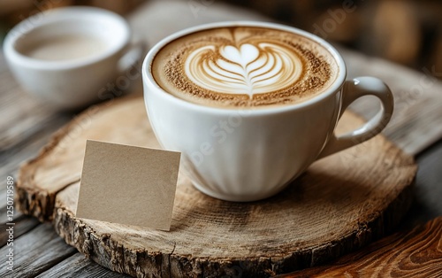 Latte art coffee cup on wooden coaster in cafe photo