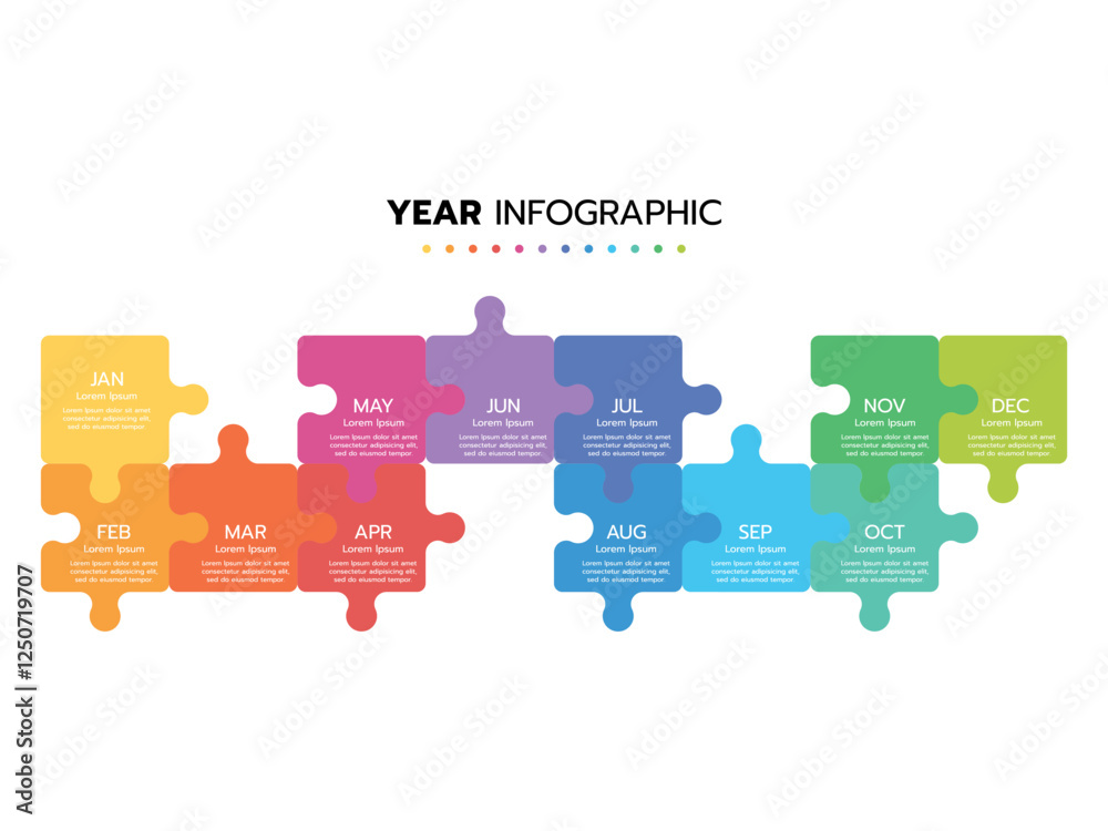 Infographic template for business. Concept with 12 pieces of a puzzle or 12 months, 4 quarter steps vector infographic.